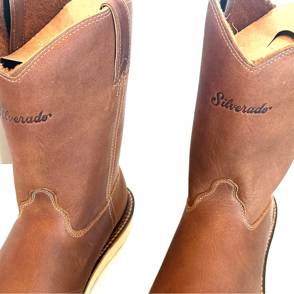 Tan mid-calf pull-on work boots with thick rubber sole and rounded toe - Picture 3 of 10